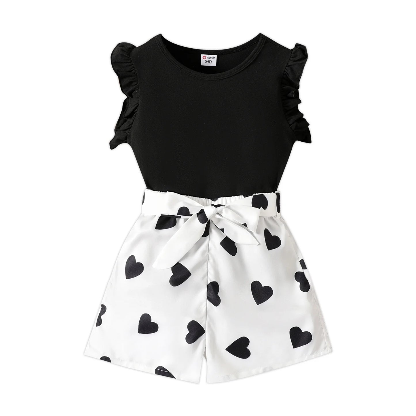 Girls Flutter Sleeve T-Shirt Love Heart Belted Shorts 2 Pieces Summer Outfit Set Sizes 5-12