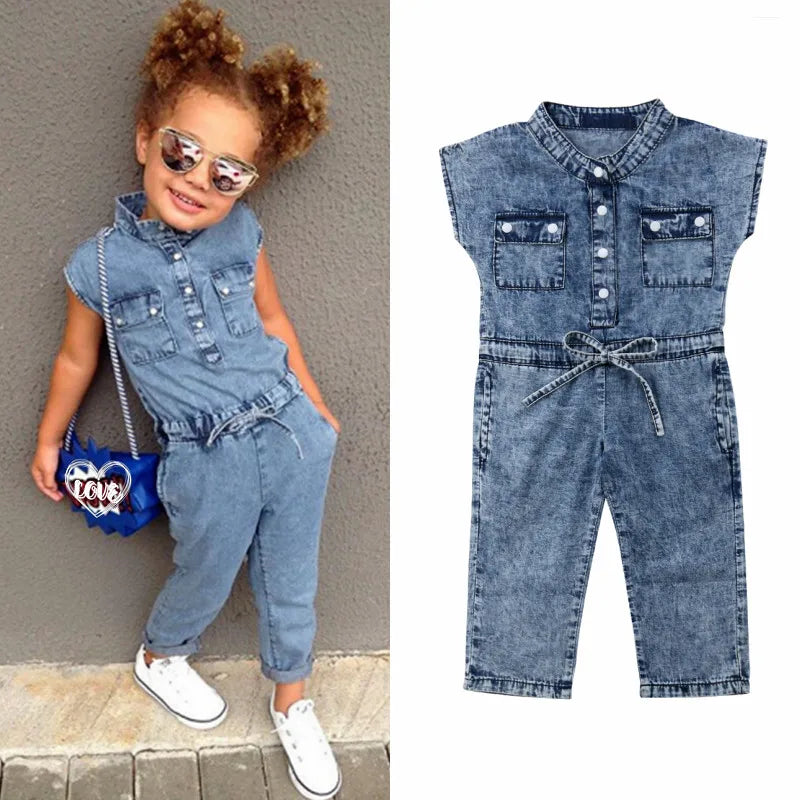 1-6Years Kids Denim Suspender Pants Overalls Baby Girls Clothes 2024 Summer Sleeveless Pockets Jumpsuits Children Outfits