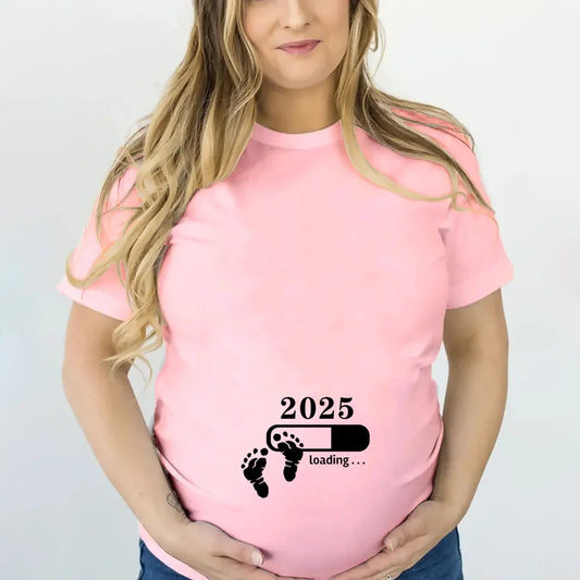 2025 Loading Print Womens Pregnant T-Shirt Short Sleeve Funny T-Shirt Summer Maternity Tops Pregnancy Announcement New Baby Tee