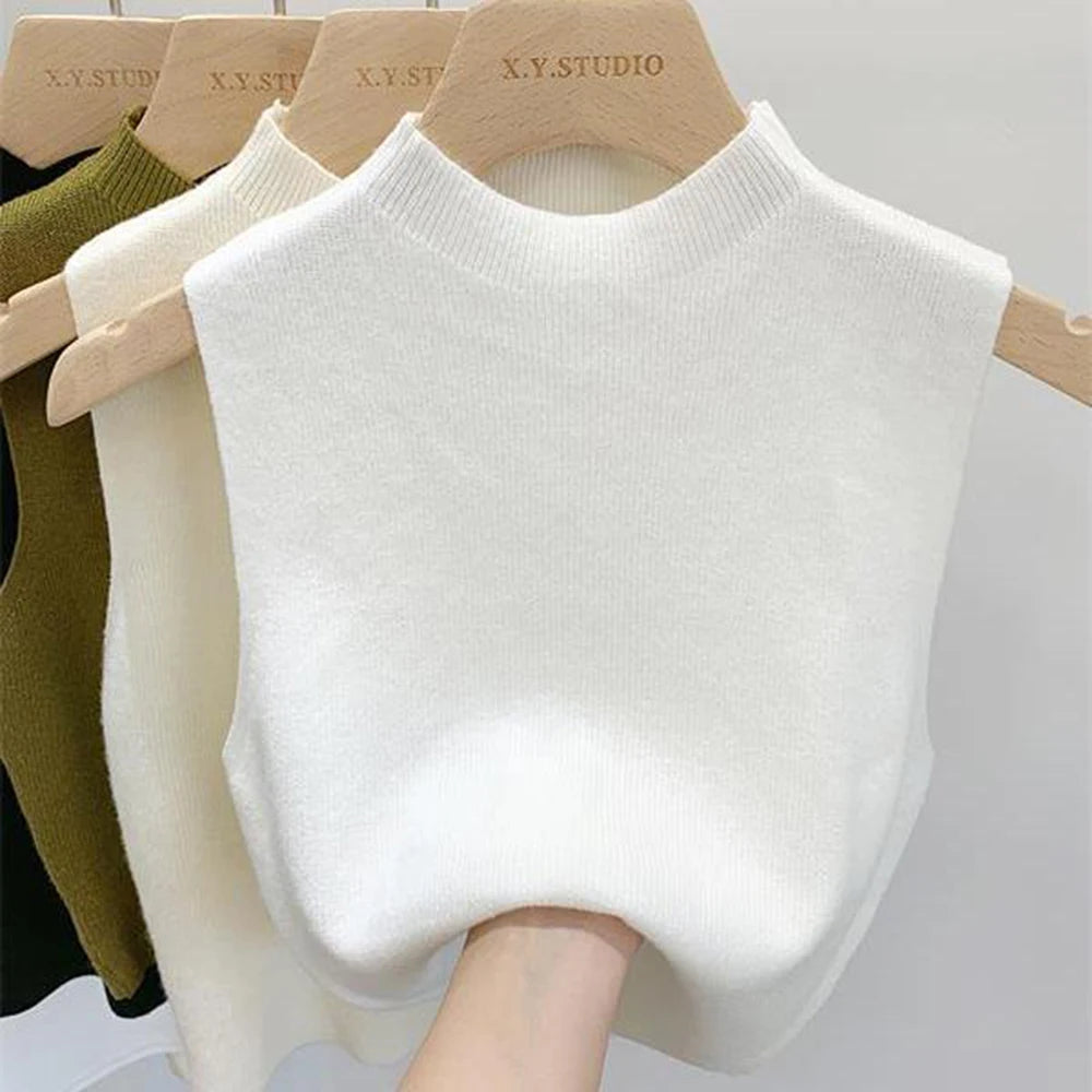 Women'S Vest Tank Top Solid Color Knitted Tees T-Shirt Top Cropped Top Camisole Sweater Half-Turtleneck Spring Autumn Sleeveless