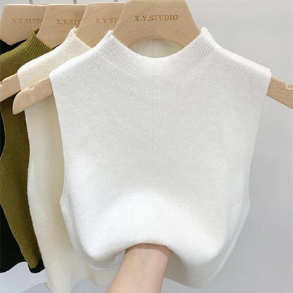 Women'S Vest Tank Top Solid Color Knitted Tees T-Shirt Top Cropped Top Camisole Sweater Half-Turtleneck Spring Autumn Sleeveless