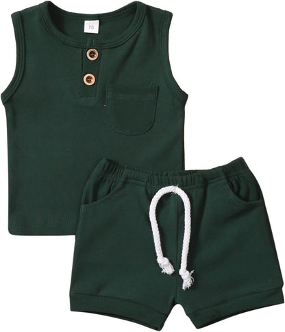 Spring Summer Infant Clothingtoddler Boys Sleeveless Solid Clothing Sets Summer Child Kids Vest (Green, 6-12 Months)