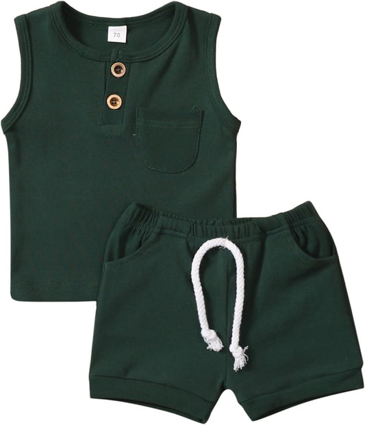 Spring Summer Infant Clothingtoddler Boys Sleeveless Solid Clothing Sets Summer Child Kids Vest (Green, 6-12 Months)