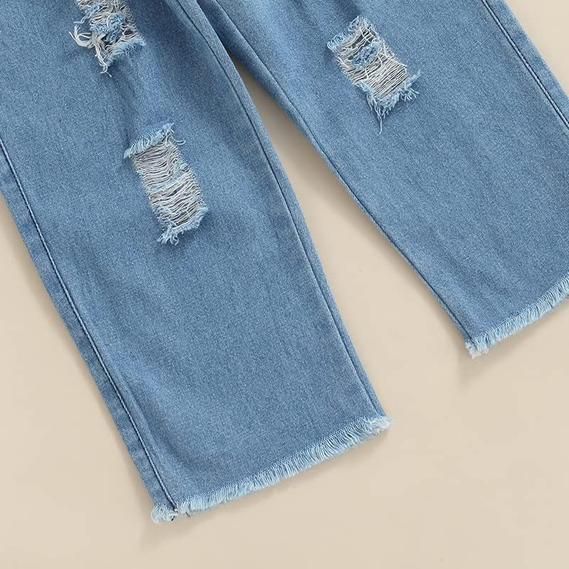 Toddler Baby Girls 2Pcs Jeans Outfits, Denim Off-Shoulder Crop Tops+High Waist Ripped Jeans with Pockets 6 Months-6Y