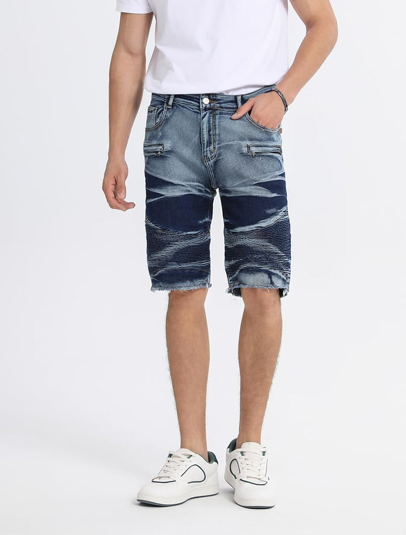 Men'S Casual Denim Shorts Classic Fit Ripped Jeans Biker Shorts