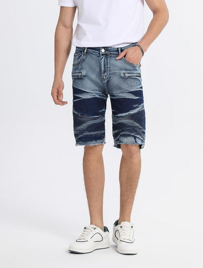 Men'S Casual Denim Shorts Classic Fit Ripped Jeans Biker Shorts