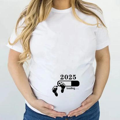 2025 Loading Print Womens Pregnant T-Shirt Short Sleeve Funny T-Shirt Summer Maternity Tops Pregnancy Announcement New Baby Tee