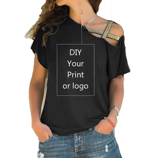 Customized Print T Shirt for Women DIY Your like Photo or Logo Top T-Shirt Femme Irregular Skew Cross Bandage Size S-5XL Tees