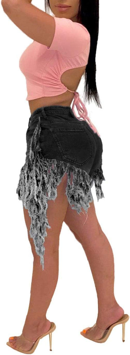 Jean Shorts for Women Juniors, Summer High Waisted Stretchy Frayed Raw Hem Tassels Denim Shorts