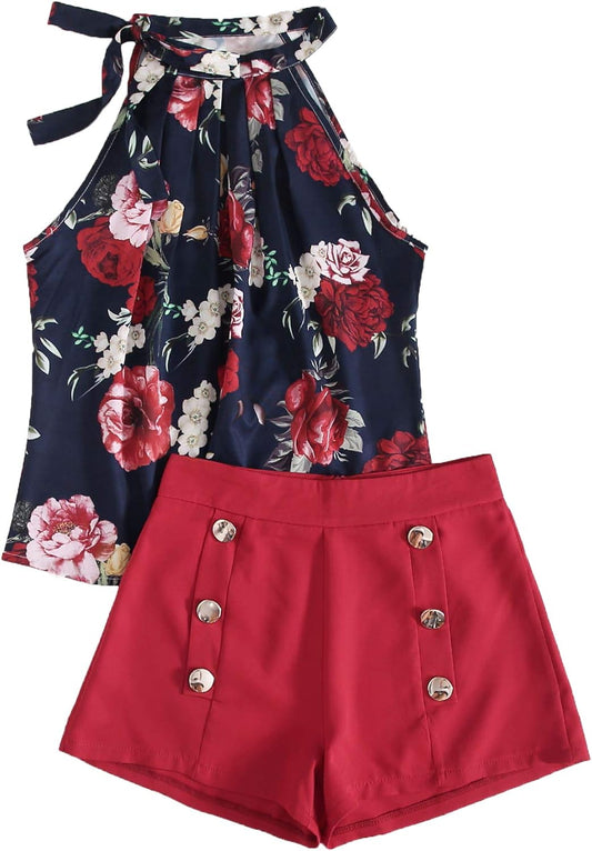 Women'S Floral Printed Summer Romper Boho Beach 2 Piece Outfits Top with Shorts Navy Red Large
