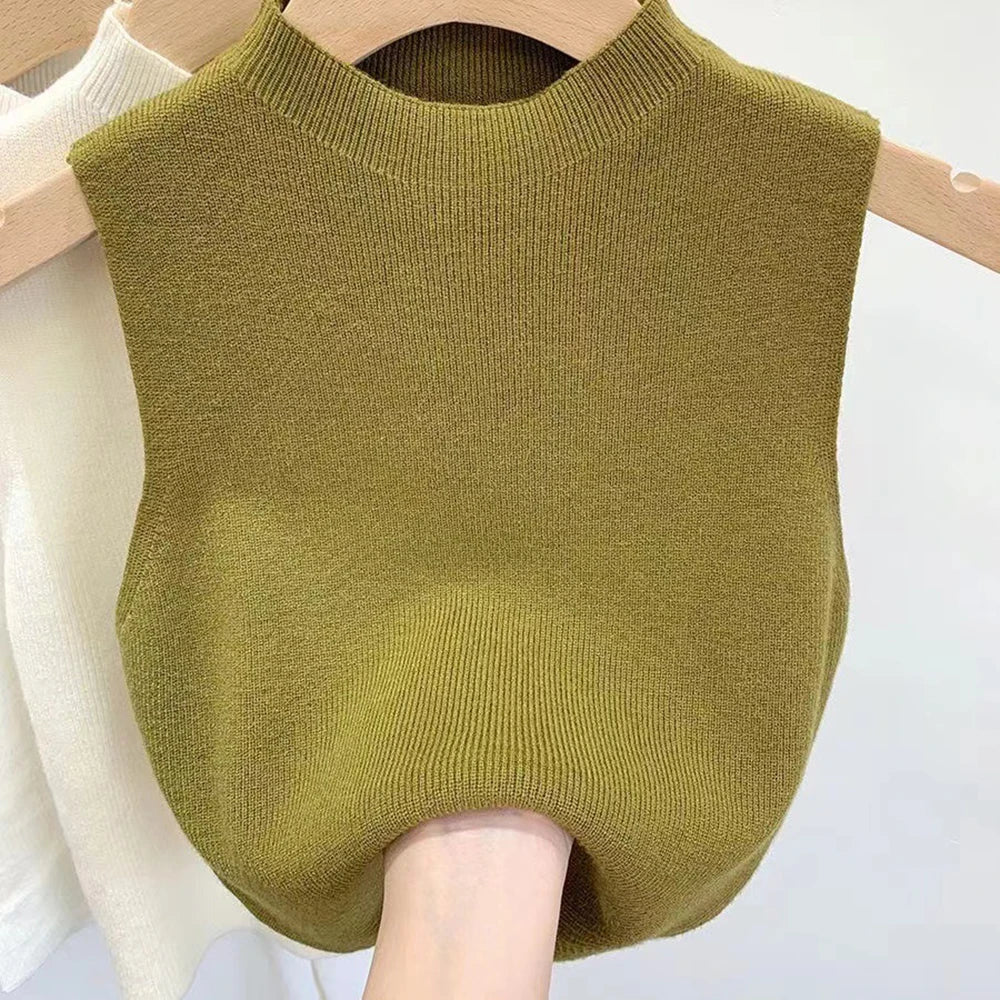 Women'S Vest Tank Top Solid Color Knitted Tees T-Shirt Top Cropped Top Camisole Sweater Half-Turtleneck Spring Autumn Sleeveless