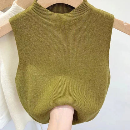 Women'S Vest Tank Top Solid Color Knitted Tees T-Shirt Top Cropped Top Camisole Sweater Half-Turtleneck Spring Autumn Sleeveless