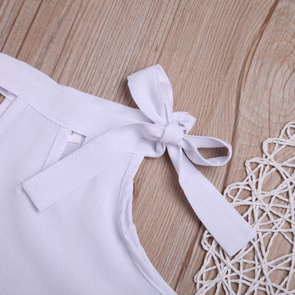 Toddler Baby Girl Sleeveless White Tank Top Shirts+ Gray Stripe Shorts Pant with Bow Belt Summer Clothes Set