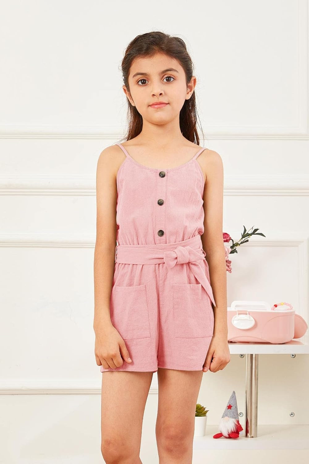 Girls Romper Strappy Sleeveless Button Tie Front Jumpsuit with Pockets