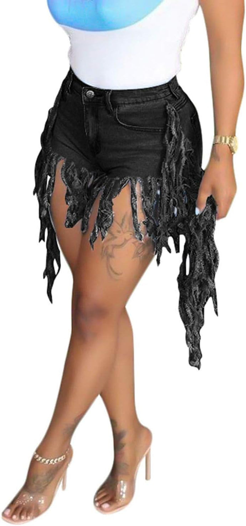 Jean Shorts for Women Juniors, Summer High Waisted Stretchy Frayed Raw Hem Tassels Denim Shorts