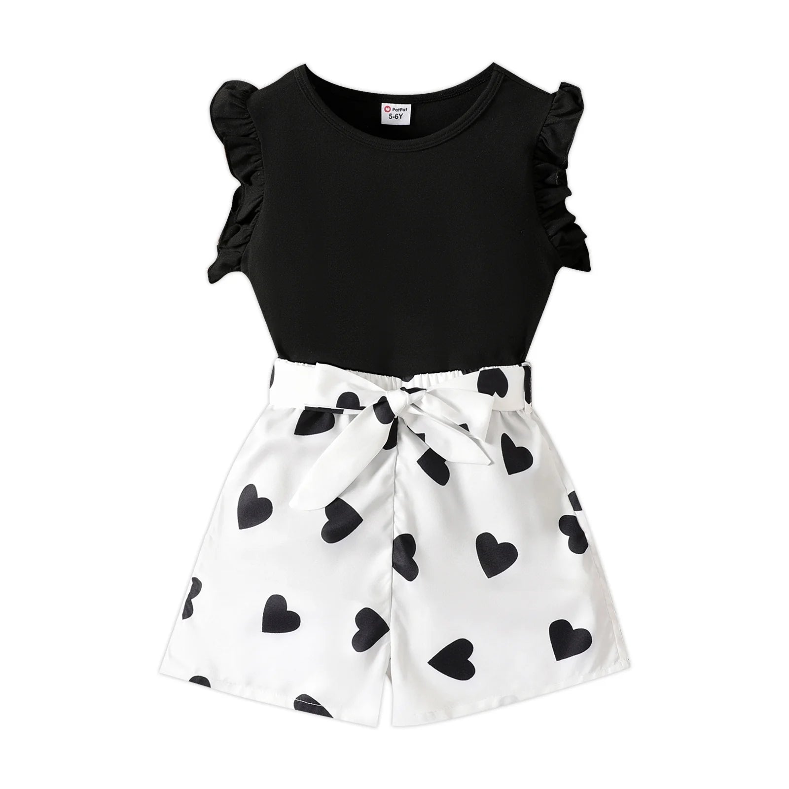 Girls Flutter Sleeve T-Shirt Love Heart Belted Shorts 2 Pieces Summer Outfit Set Sizes 5-12
