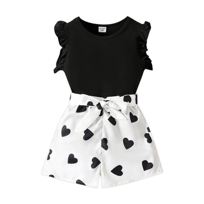 Girls Flutter Sleeve T-Shirt Love Heart Belted Shorts 2 Pieces Summer Outfit Set Sizes 5-12