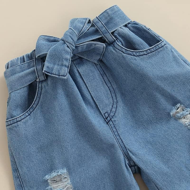 Toddler Baby Girls 2Pcs Jeans Outfits, Denim Off-Shoulder Crop Tops+High Waist Ripped Jeans with Pockets 6 Months-6Y