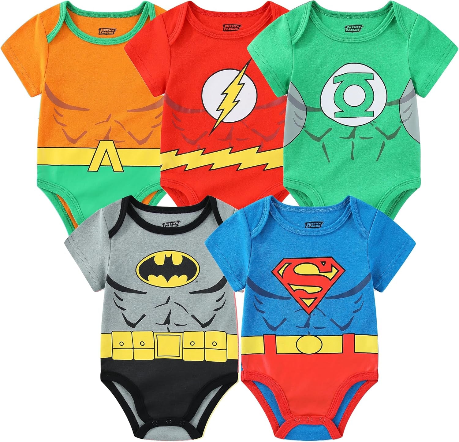 Justice League Batman, Superman, Flash, Aquaman and Green Lantern Baby Boys 5 Pack Creepers for Infants