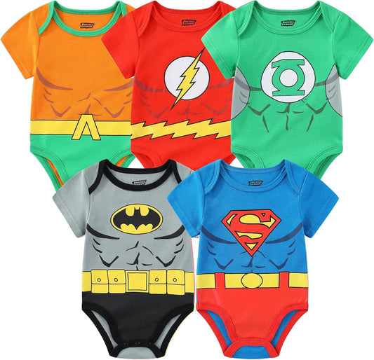 Justice League Batman, Superman, Flash, Aquaman and Green Lantern Baby Boys 5 Pack Creepers for Infants