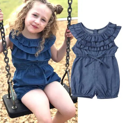 New Baby Girl Denim Romper Girls Princess Ruffle Romper Kids Jumpsuit Toddler Clothing Kid Causal Outfits Summer Clothes