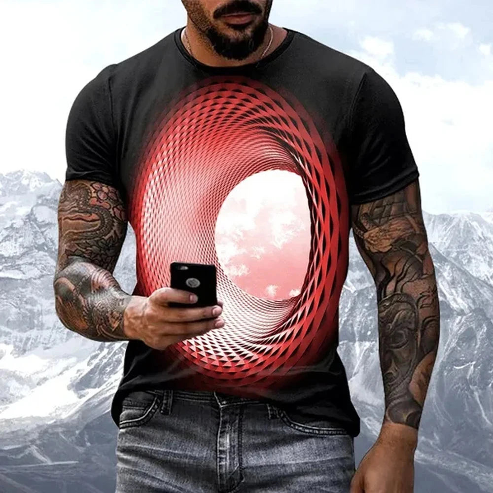 Fashion Hot Sales Personality Fun Sky Graphic T Shirts for Men New Casual Three-Dimensional Vortex Printed Oversized O-Neck Tees