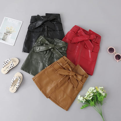 Toddler Girls Irregular Skirts PU Leather A-Line Short Mini Skirts with Belt Autumn Winter Outfits Clothes
