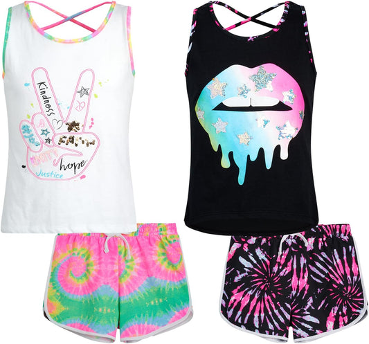Girls' Shorts Set - 4 Piece French Terry Shorts and Shirt Kids Clothing Bundle