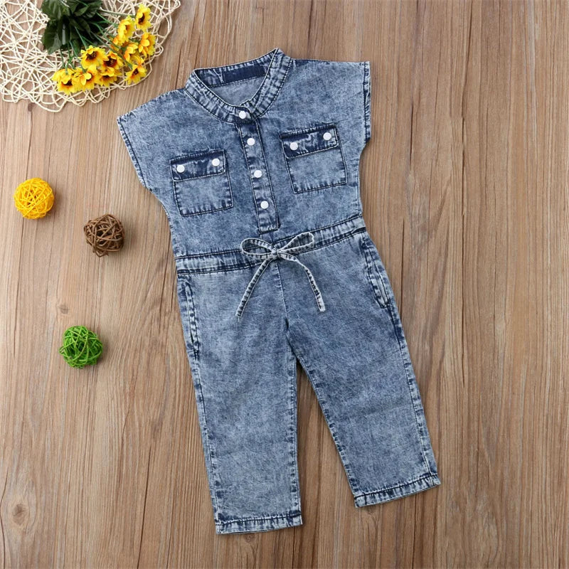 1-6Years Kids Denim Suspender Pants Overalls Baby Girls Clothes 2024 Summer Sleeveless Pockets Jumpsuits Children Outfits