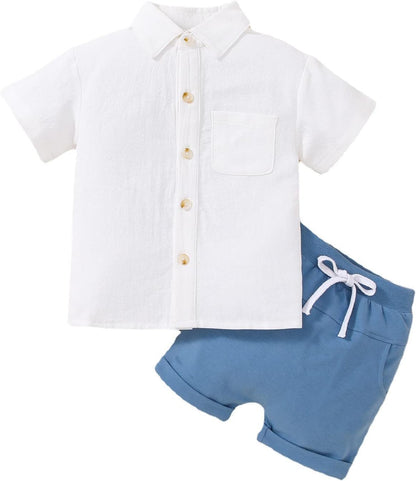 Kids Clothes Set Summer Korean Boys Short Sleeved Shirt round Neck Shirt Casual Clothing Foreign Style (Blue, 2-3 Years)