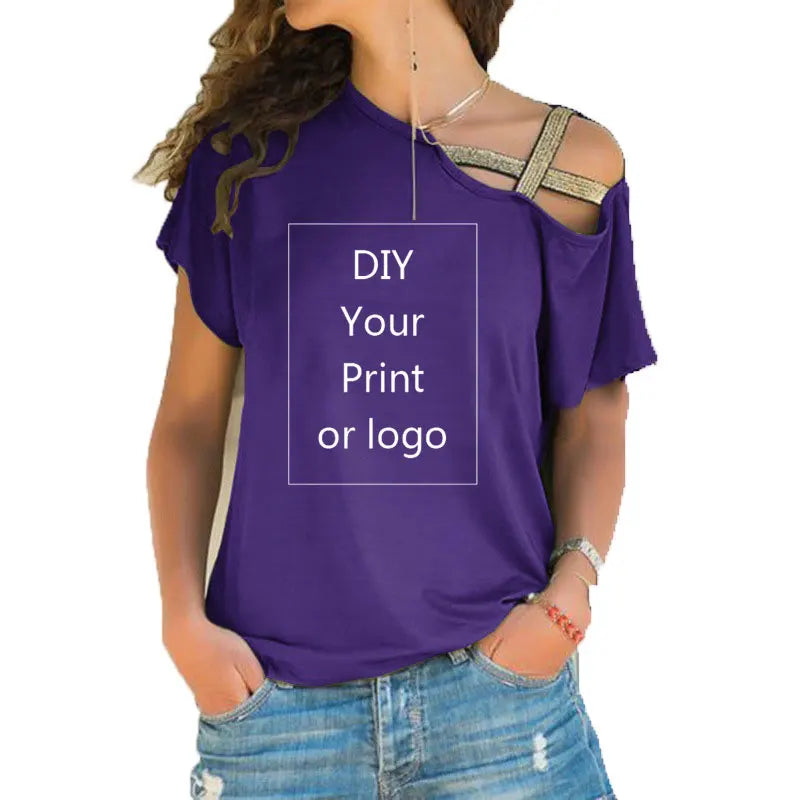 Customized Print T Shirt for Women DIY Your like Photo or Logo Top T-Shirt Femme Irregular Skew Cross Bandage Size S-5XL Tees
