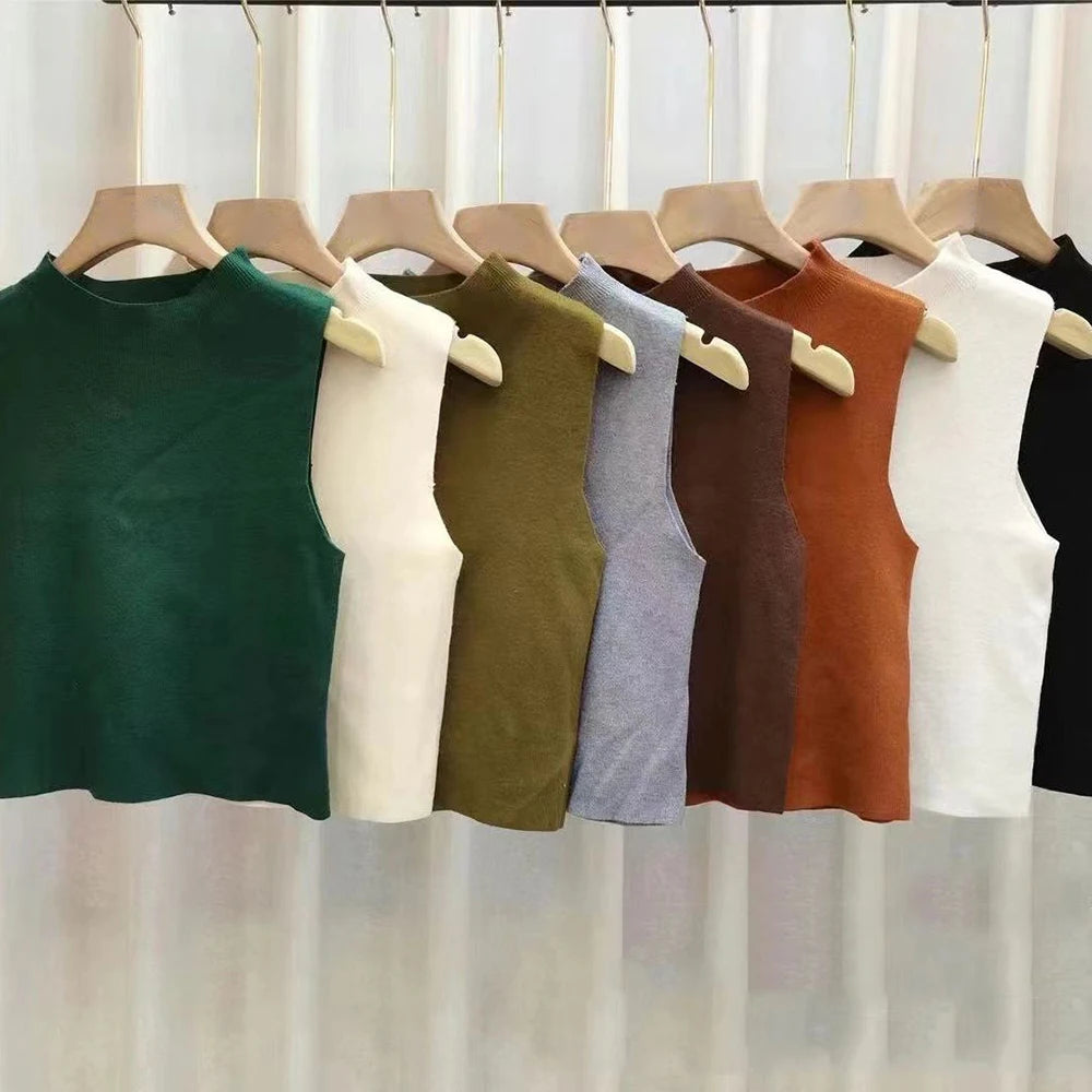Women'S Vest Tank Top Solid Color Knitted Tees T-Shirt Top Cropped Top Camisole Sweater Half-Turtleneck Spring Autumn Sleeveless