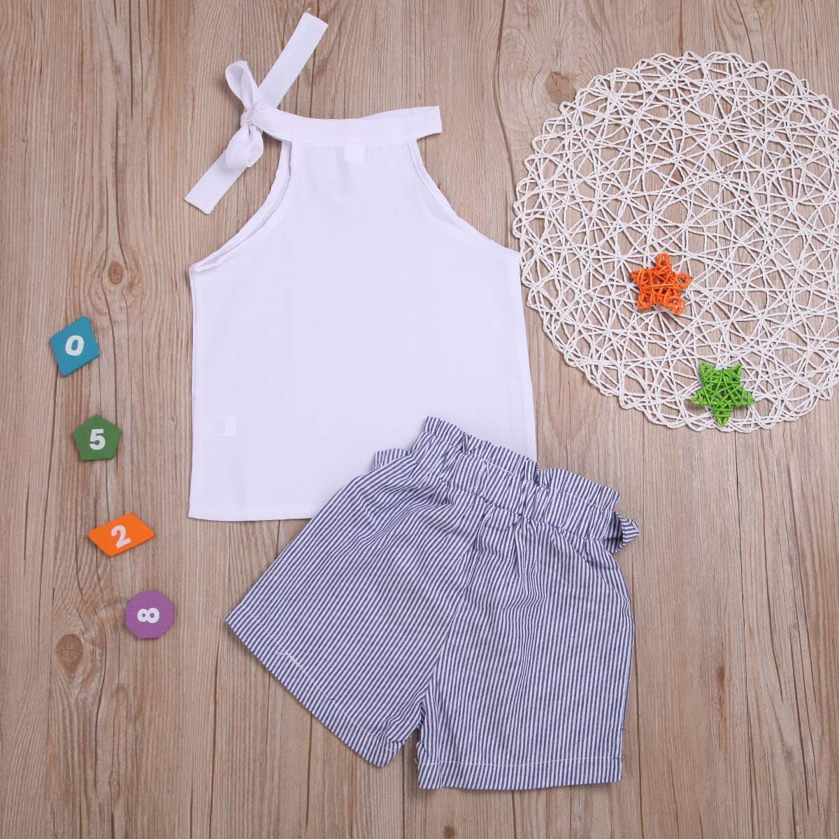 Toddler Baby Girl Sleeveless White Tank Top Shirts+ Gray Stripe Shorts Pant with Bow Belt Summer Clothes Set