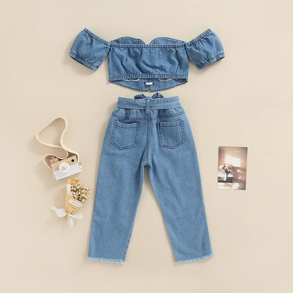 Toddler Baby Girls 2Pcs Jeans Outfits, Denim Off-Shoulder Crop Tops+High Waist Ripped Jeans with Pockets 6 Months-6Y