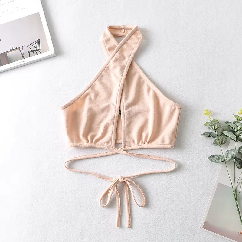 Women Y2K Corset Camisole Cropped Bustier Top Fashion Solid Vest Summer Sexy Halter Lace-Up Streetwear Slim Fit Basic Tees