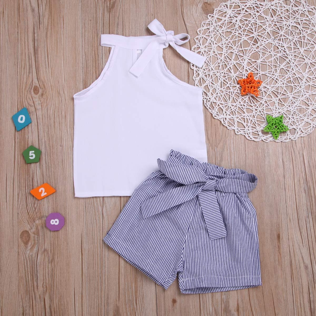 Toddler Baby Girl Sleeveless White Tank Top Shirts+ Gray Stripe Shorts Pant with Bow Belt Summer Clothes Set