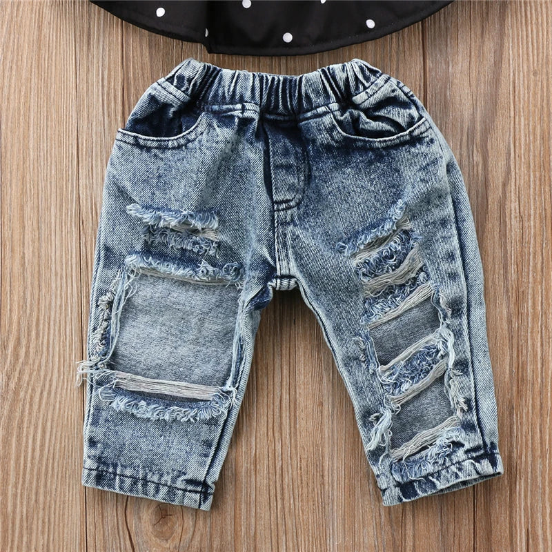 0-3Y Toddler Baby Kid Girl Clothes Set off Shoulder Tank Top Denim Jeans Pants Outfits Children Girls Costumes Summer
