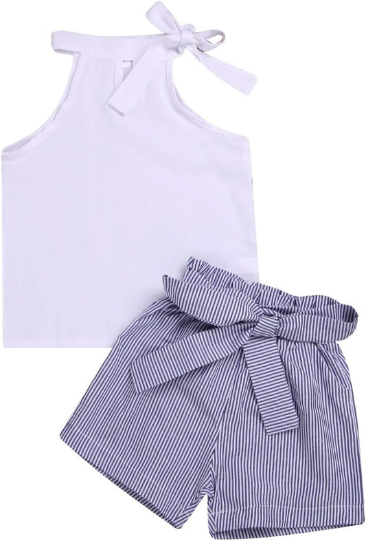 Toddler Baby Girl Sleeveless White Tank Top Shirts+ Gray Stripe Shorts Pant with Bow Belt Summer Clothes Set