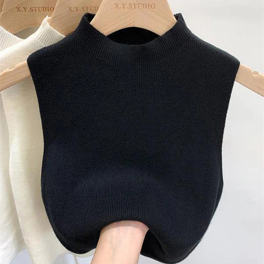 Women'S Vest Tank Top Solid Color Knitted Tees T-Shirt Top Cropped Top Camisole Sweater Half-Turtleneck Spring Autumn Sleeveless