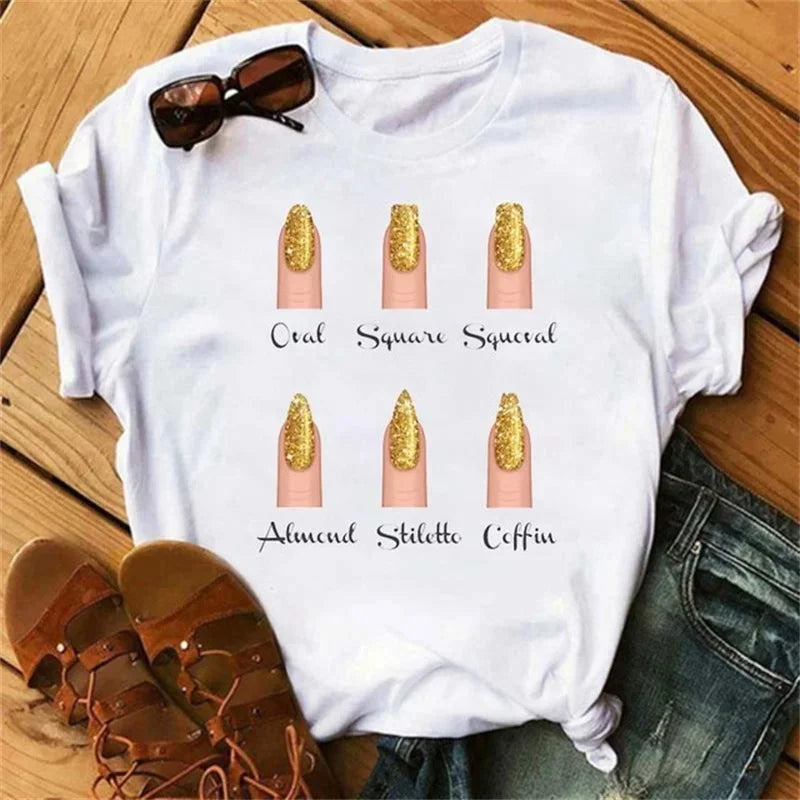 Cartoon plus Size T-Shirt Women Fashion New Graphic Finger Nail Cute Printed Top Female Tee Shirt Ladies Clothes T-Shirts