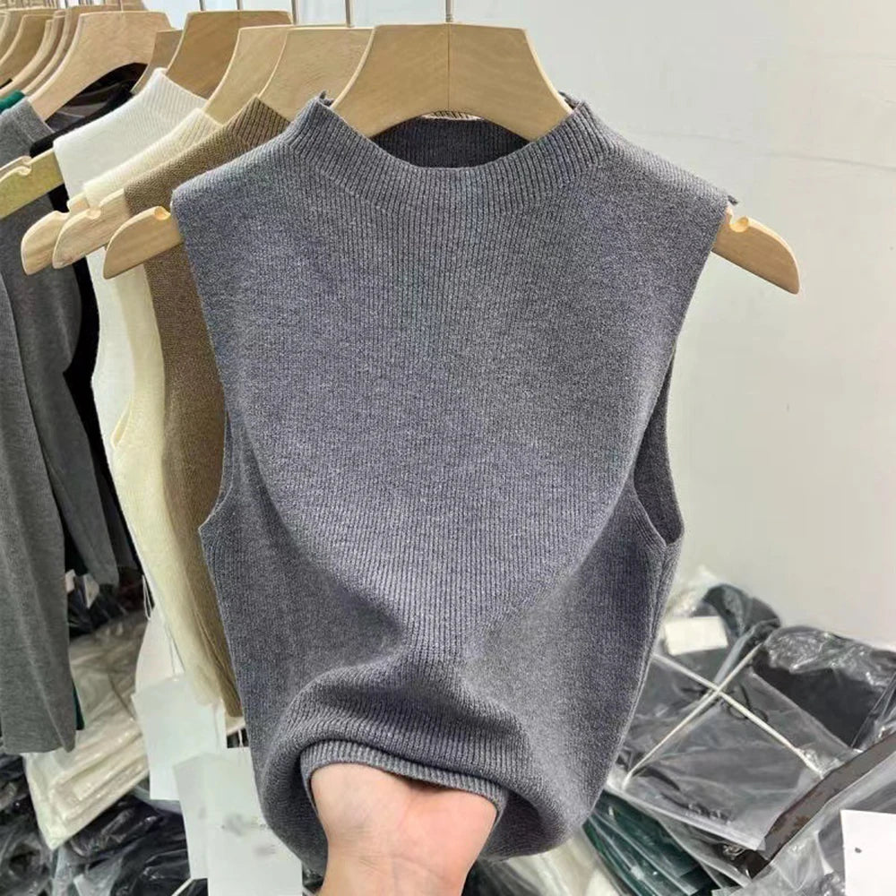 Women'S Vest Tank Top Solid Color Knitted Tees T-Shirt Top Cropped Top Camisole Sweater Half-Turtleneck Spring Autumn Sleeveless