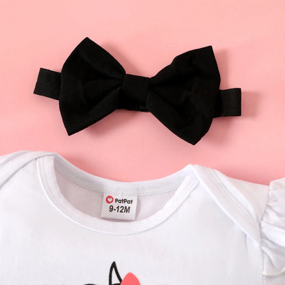 3Pcs Baby Girl 95% Cotton Ruffle Short-Sleeve Letter & Cow Print Romper and Polka Dots Mesh Skirt & Headband Set