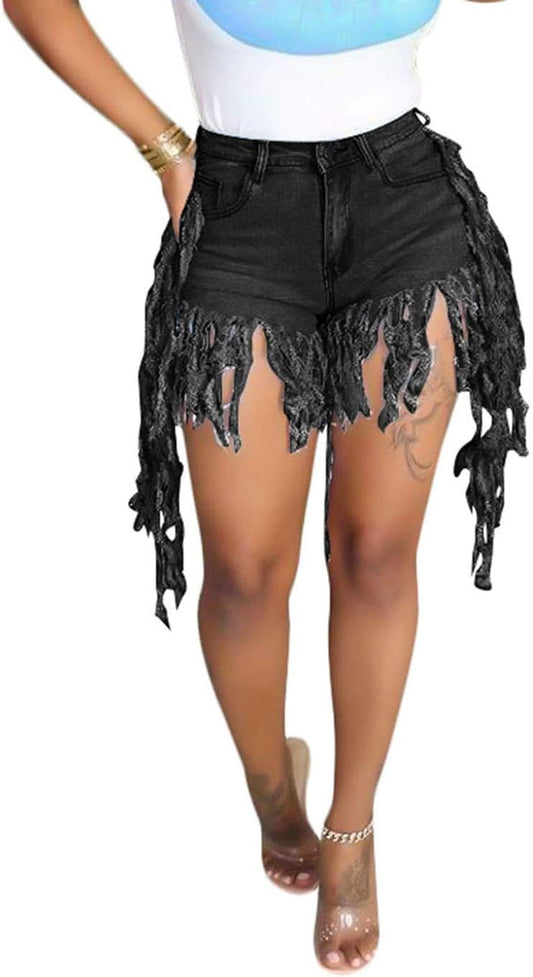Jean Shorts for Women Juniors, Summer High Waisted Stretchy Frayed Raw Hem Tassels Denim Shorts