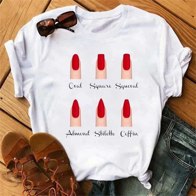 Cartoon plus Size T-Shirt Women Fashion New Graphic Finger Nail Cute Printed Top Female Tee Shirt Ladies Clothes T-Shirts