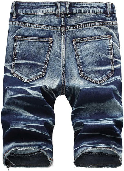 Men'S Casual Denim Shorts Classic Fit Ripped Jeans Biker Shorts