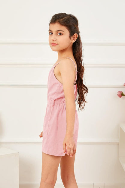 Girls Romper Strappy Sleeveless Button Tie Front Jumpsuit with Pockets