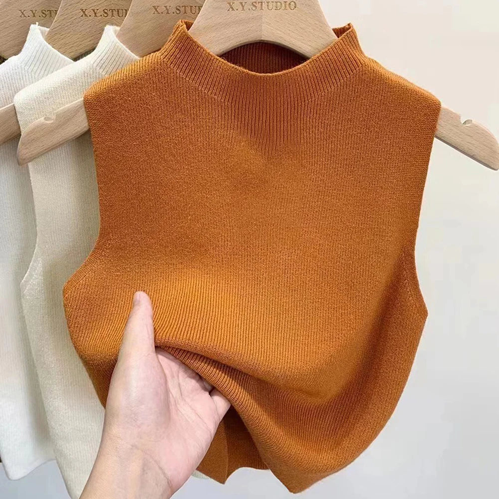 Women'S Vest Tank Top Solid Color Knitted Tees T-Shirt Top Cropped Top Camisole Sweater Half-Turtleneck Spring Autumn Sleeveless
