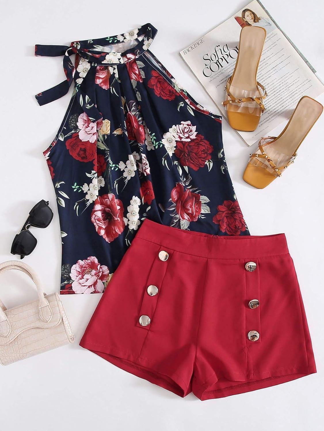 Women'S Floral Printed Summer Romper Boho Beach 2 Piece Outfits Top with Shorts Navy Red Large