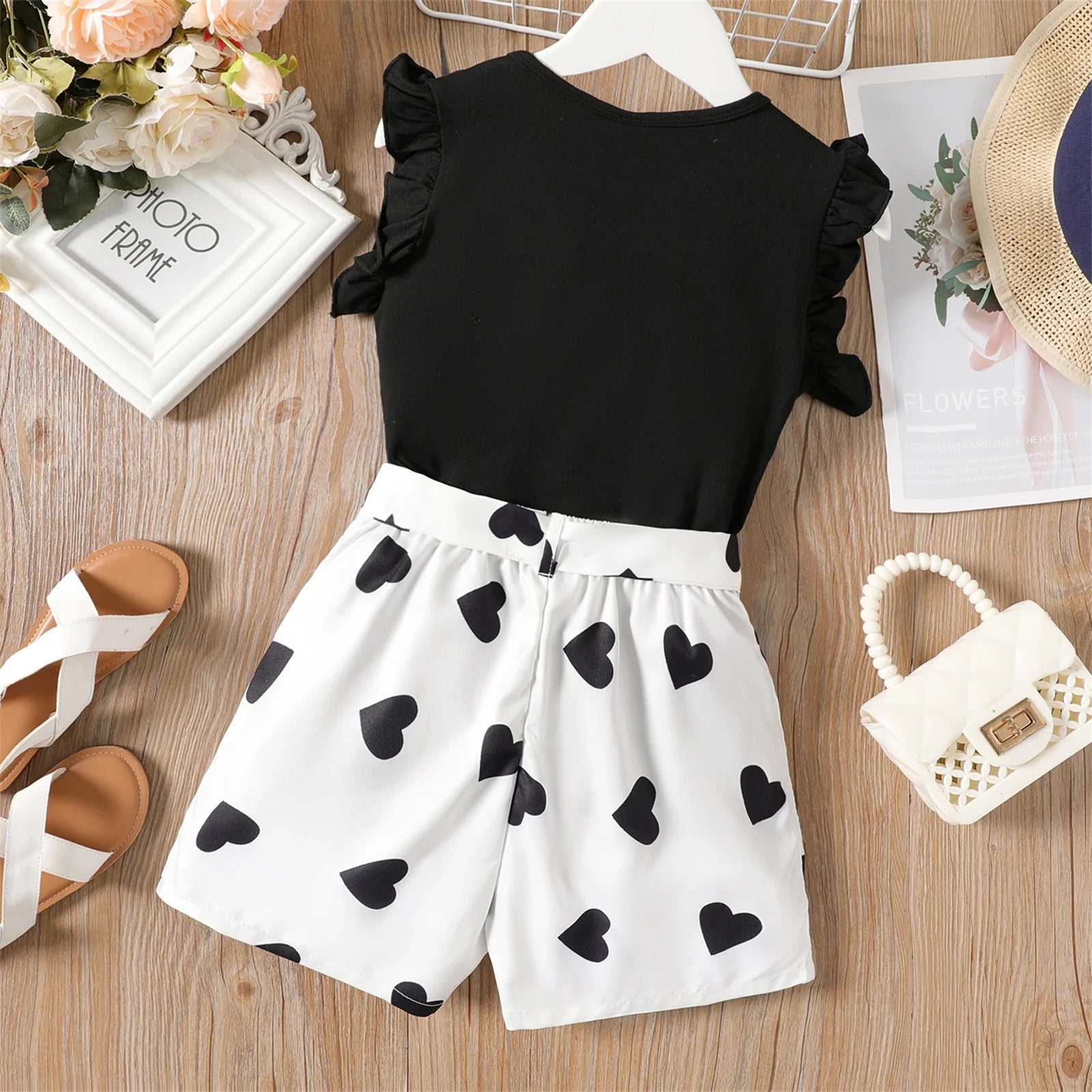 Girls Flutter Sleeve T-Shirt Love Heart Belted Shorts 2 Pieces Summer Outfit Set Sizes 5-12
