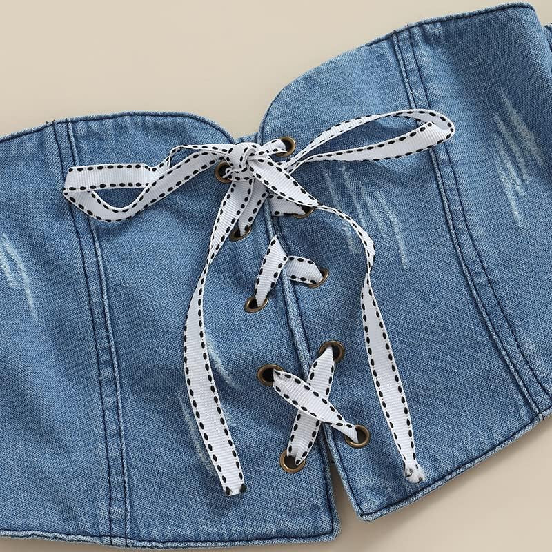 Toddler Baby Girls 2Pcs Jeans Outfits, Denim Off-Shoulder Crop Tops+High Waist Ripped Jeans with Pockets 6 Months-6Y